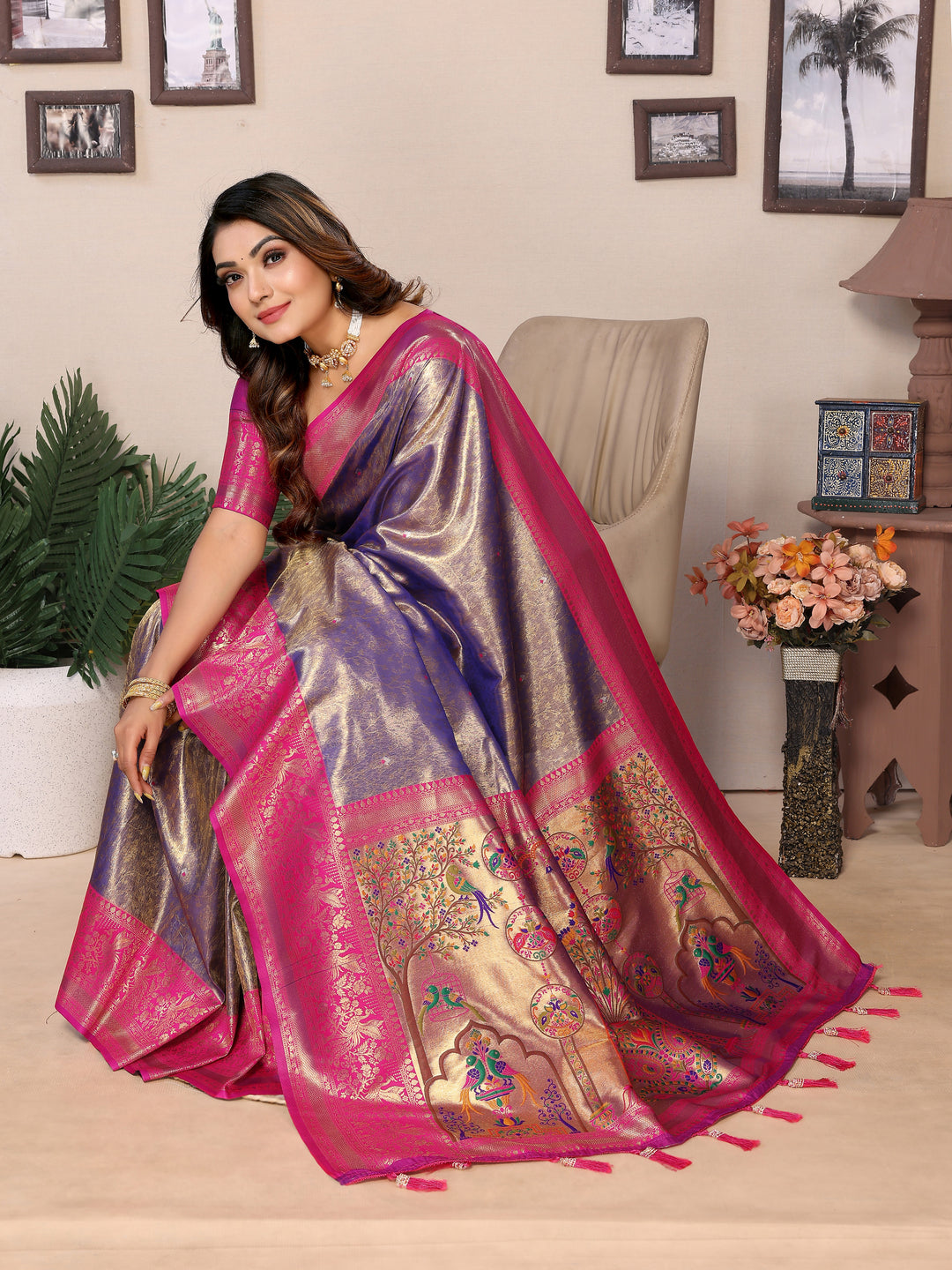 Blue Vantara Banarasi Tissue Silk Saree With Contrast Paithani Woven Borders & Pallu