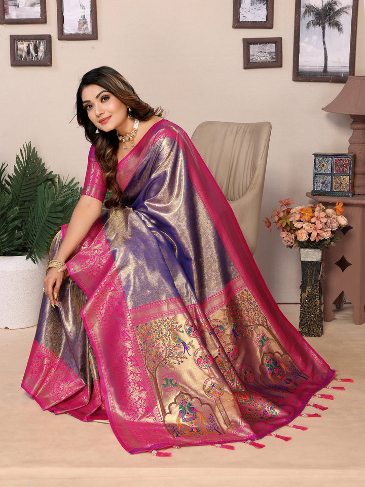 Blue Vantara Banarasi Tissue Silk Saree With Contrast Paithani Woven Borders & Pallu