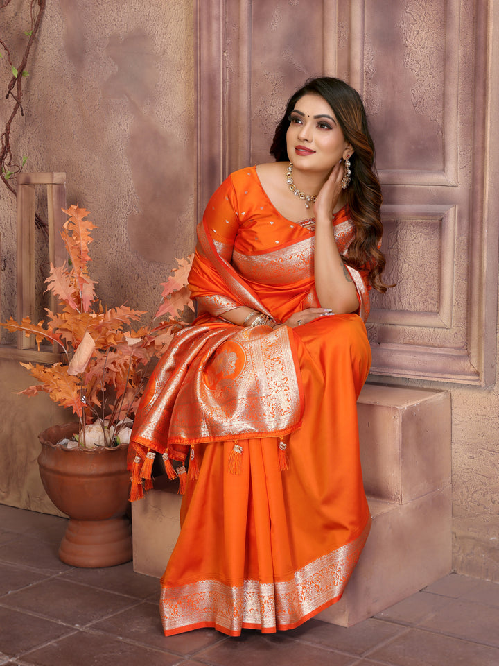 Orange Rani Banarasi silk sarees saree with beautiful Gala weaving exclusive work soft comfy