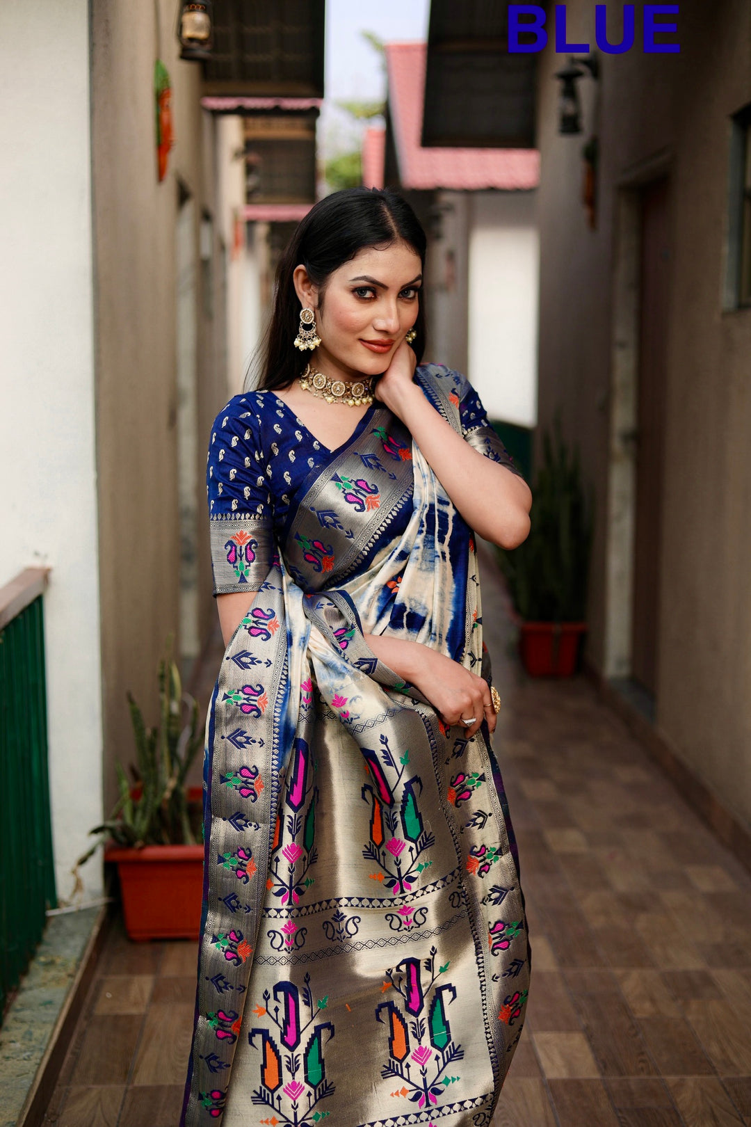 Blue Poonam Sibori Print Paithani Silk Sarees With Gold Zari Paithani Border & Contrast Rich Pallu