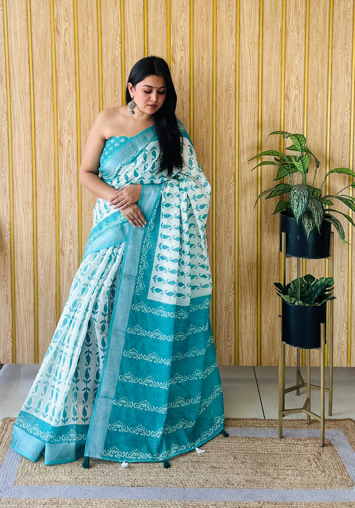 Sky Blue Aarya-3 Soft Linen Cotton Digital Print Sarees With Batik Print With Silver Border