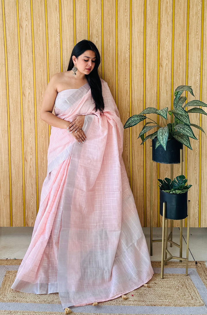 Pink Ridhdhi Linen Chex Concept Sarees With Ached Weaving All Over Saree