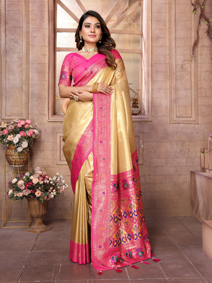 Beige-Pink Vimala Banarasi Silk Saree With Contrast Paithani Woven Borders & Pallu