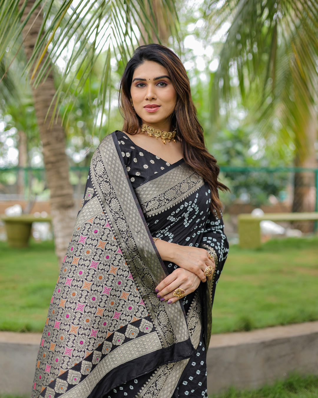 Black Padmavati Dola Soft Silk Bandhej Saree With All Over Handmade Bandhej With Jari Weaving Border