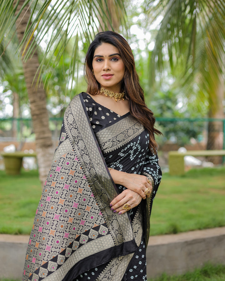 Black Padmavati Dola Soft Silk Bandhej Saree With All Over Handmade Bandhej With Jari Weaving Border