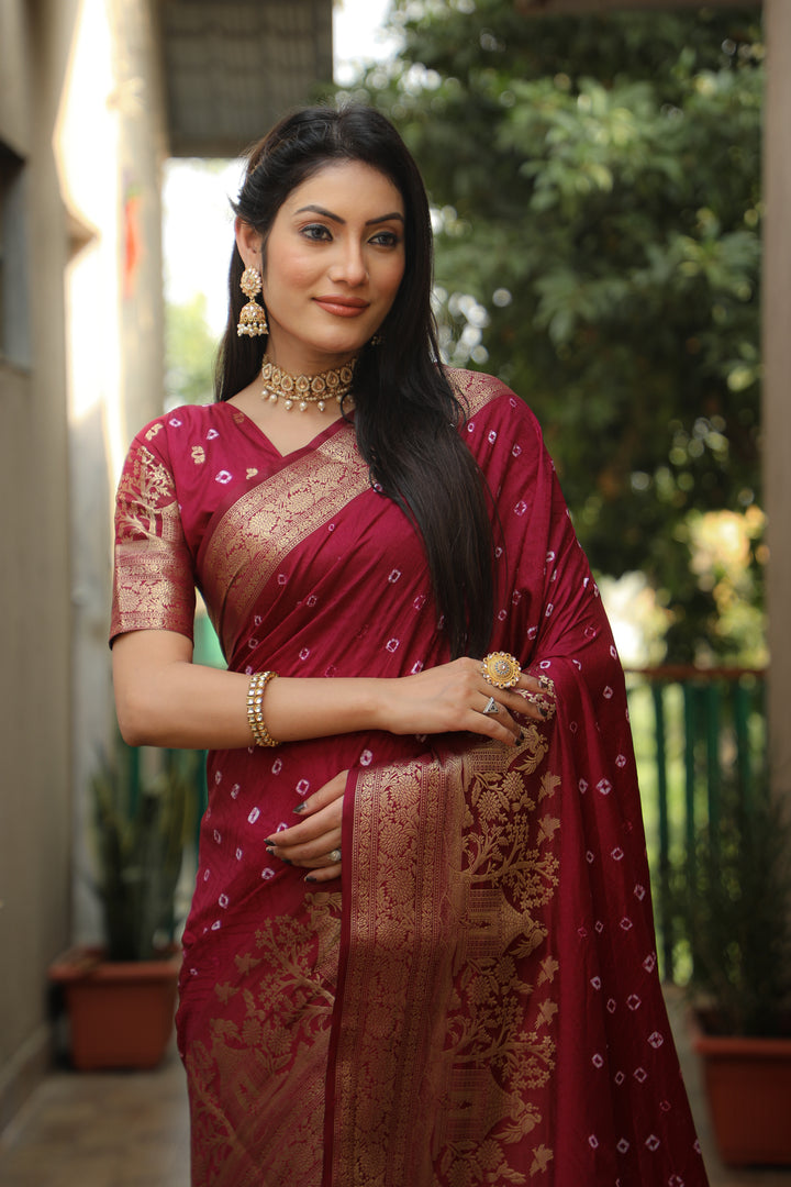 Wine Suvarna-3 Bandhej Kanjivaram silk saree And Kanjivaram Border with Zari Weaving Rich Pallu
