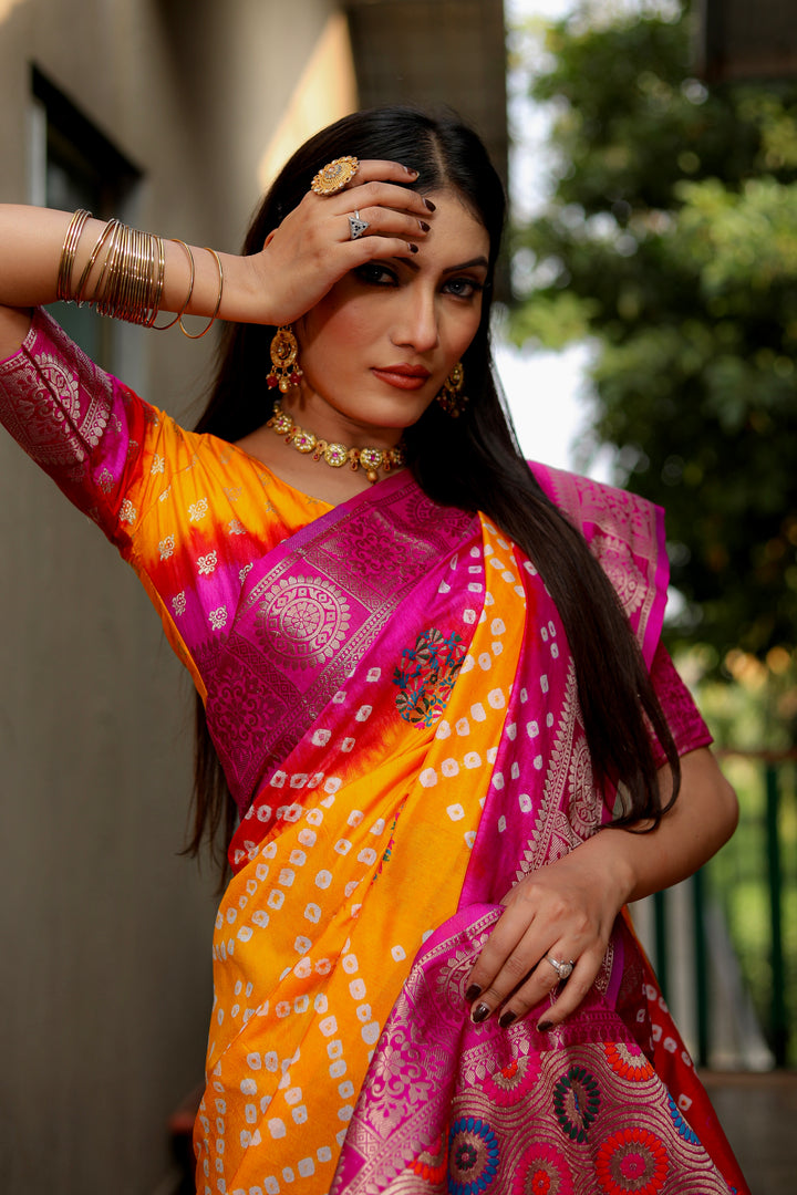 Yellow-Pink Ishani Pure Bandhej Silk Saree Minakari Weaving Butta With Zari