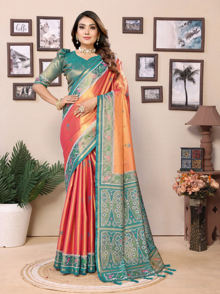 Orange Surekha Banarasi Silk Saree With Contrast Patola Woven Borders & Pallu