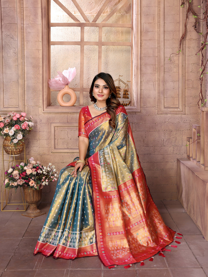 Rama-Green Tarveni Banarasi Tissue Silk (Patola weaving) Saree With Contrast Patola Woven Borders & Pallu