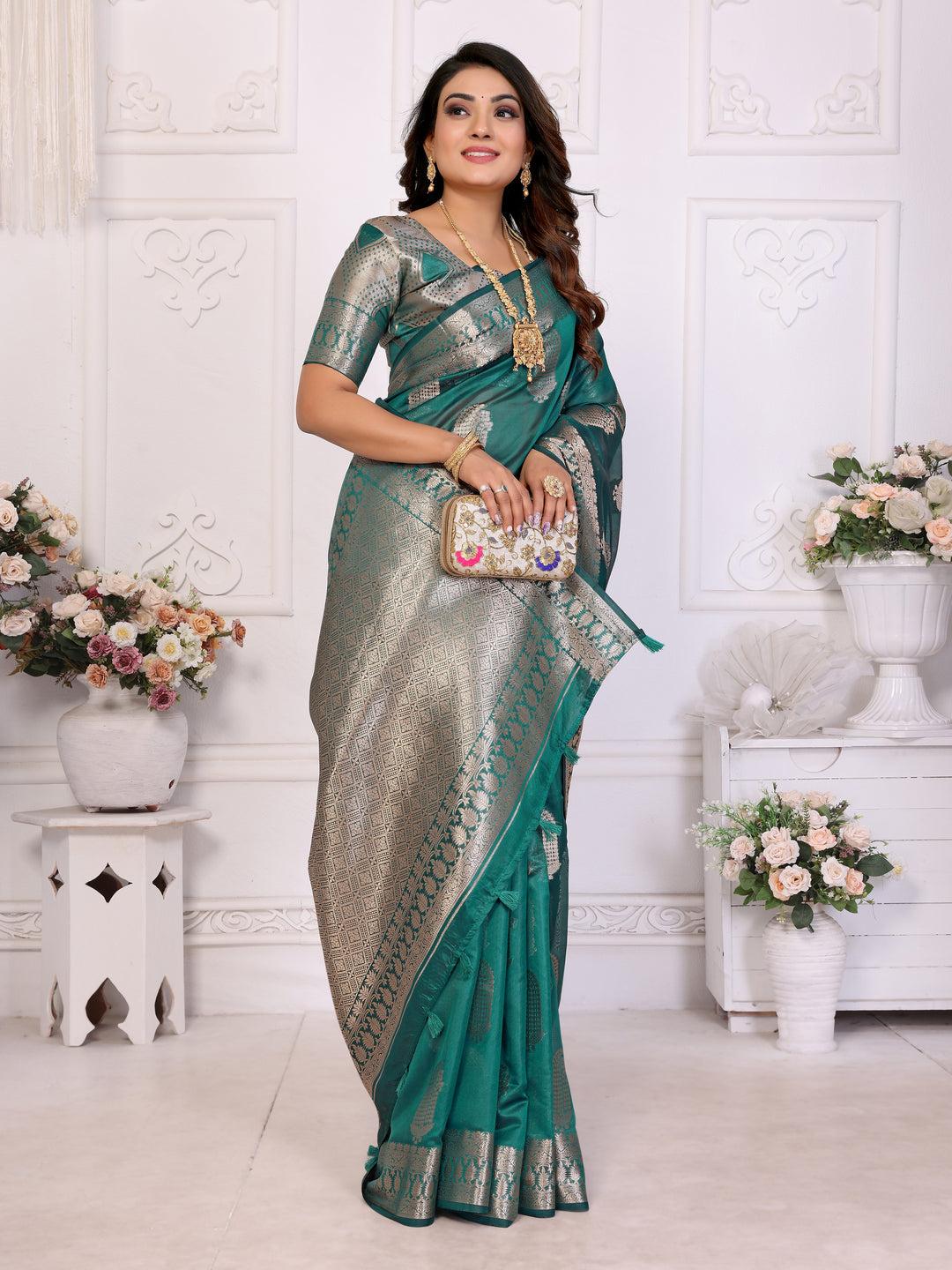 Green Vanshika Soft Organza Silk Banarasi Saree With Unique Butta With Unique Colours