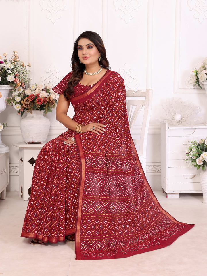 Red Amba Pure Patola And Bandhej Pattern Soft Cotton Light Weight Saree