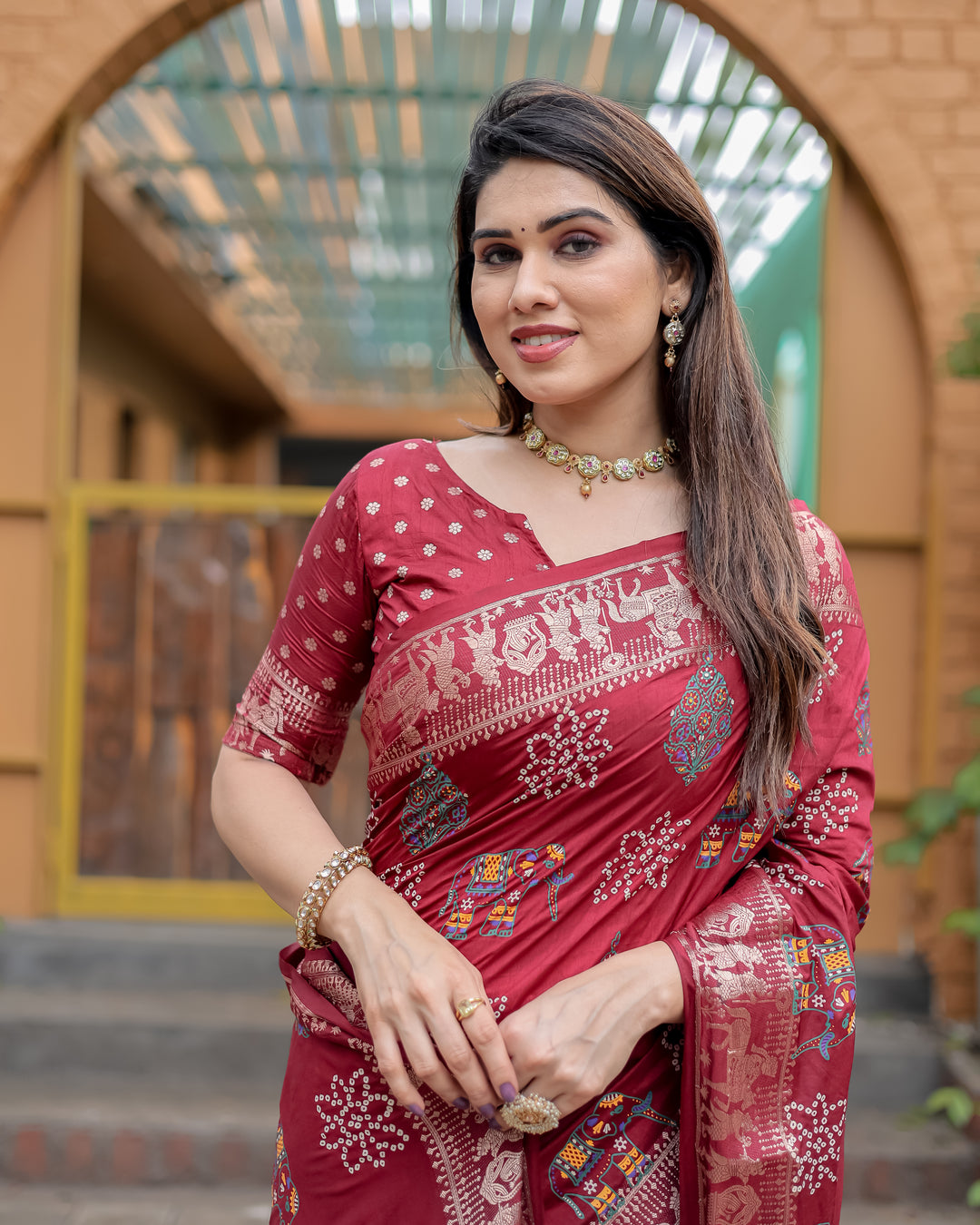 Maroon Mastani Soft Dola Silk Bandhej Print Sarees With Kanchi Weaving Border And Allover Zari Border