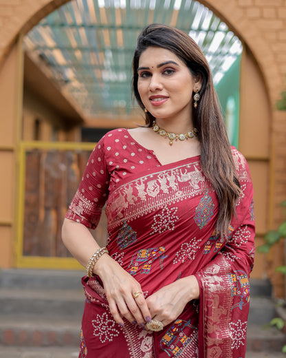 Maroon Mastani Soft Dola Silk Bandhej Print Sarees With Kanchi Weaving Border And Allover Zari Border