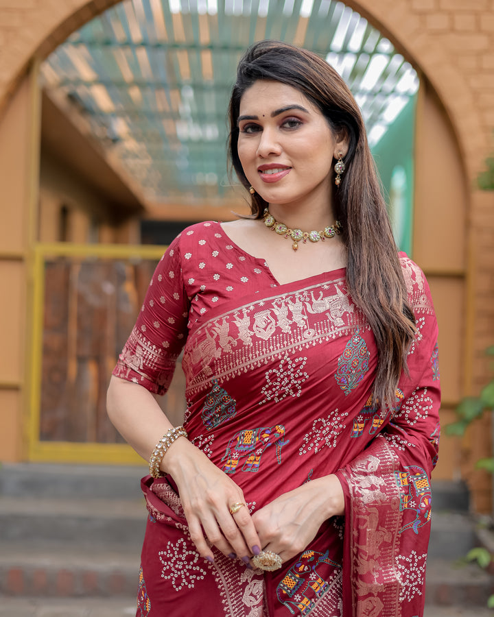 Maroon Mastani Soft Dola Silk Bandhej Print Sarees With Kanchi Weaving Border And Allover Zari Border