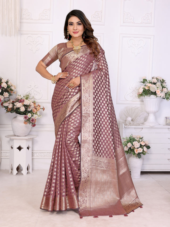 Brown Aruni Soft Organza Silk Banarasi Saree With Unique Butta With Unique Colours