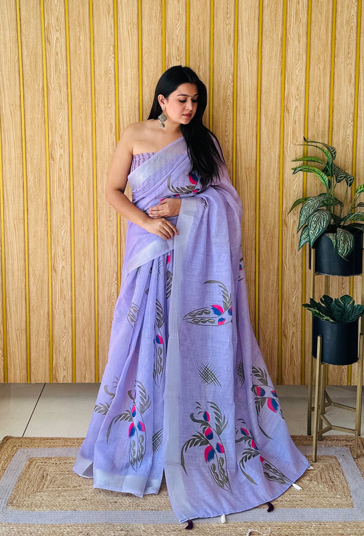 Purple Muskan Soft Linen Cotton Digital Print Sarees With Batik Print With Silver Border