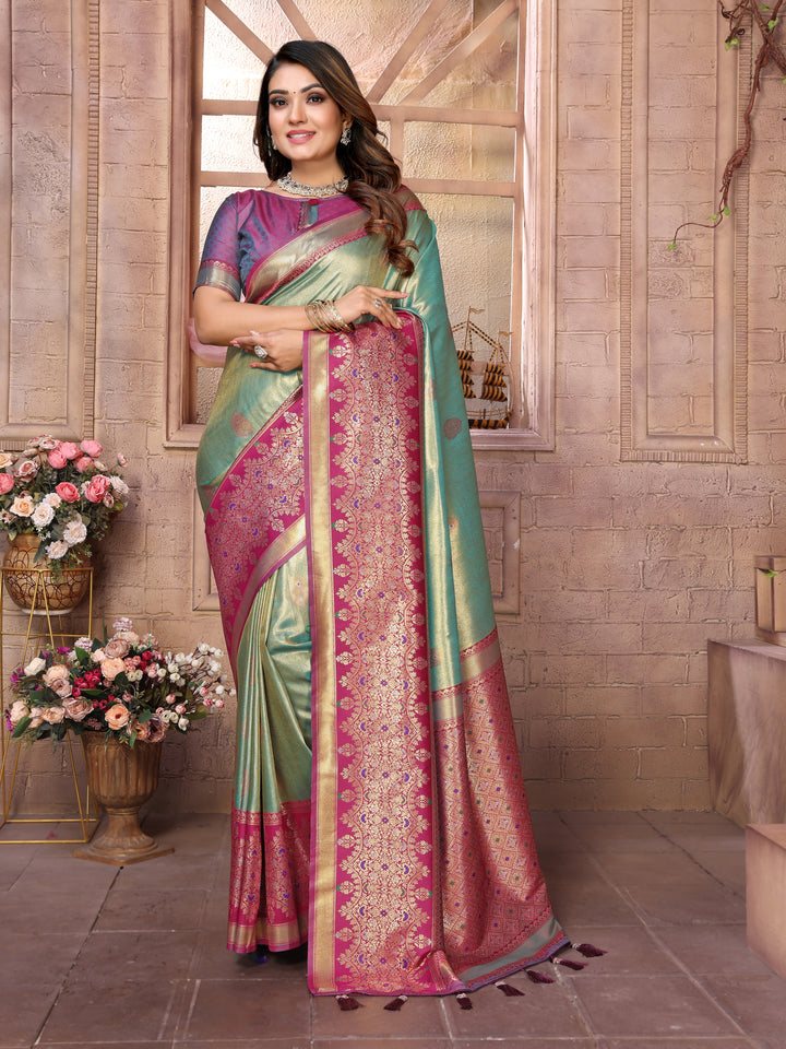 Rama Sundari Banarasi Tissue Silk Saree With Contrast Banarasi Woven Borders & Pallu