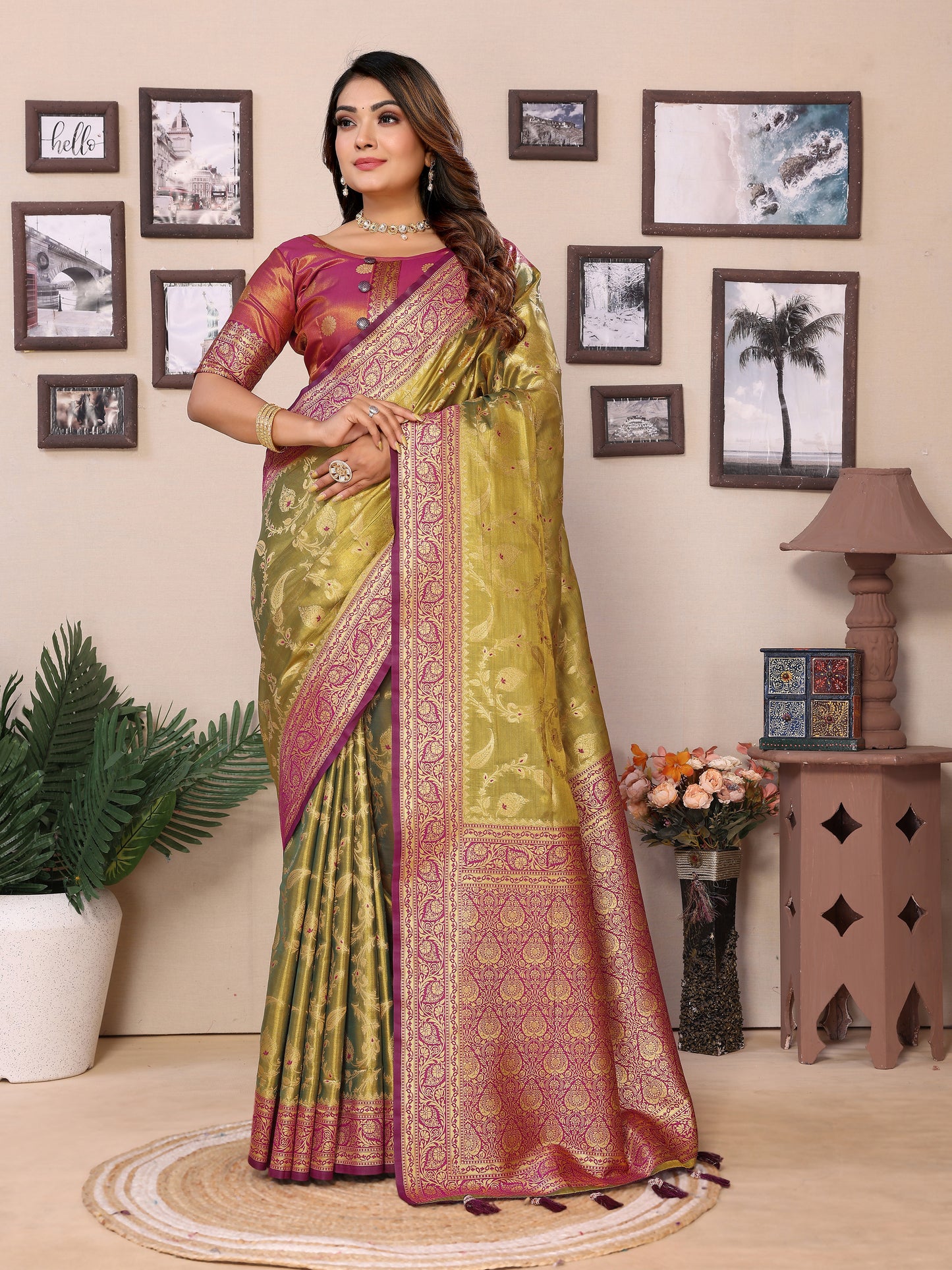 Green Hema pure Banarasi Tissues silk sarees Its soft and silky with Meenkari woven border