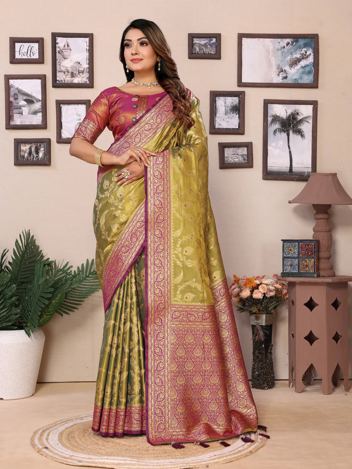 Green Hema pure Banarasi Tissues silk sarees Its soft and silky with Meenkari woven border