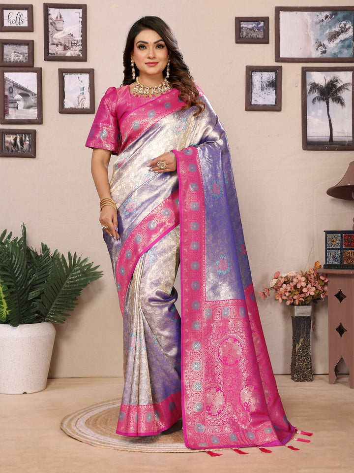 Blue Saroj Banarasi Silk Saree With Contrast Paithani Woven Borders & Pallu