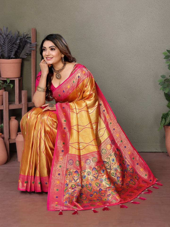Yellow-Red Vasant Banarasi Tissue Silk Saree With Laheriya Woven Borders & Contrast Banarasi Pallu