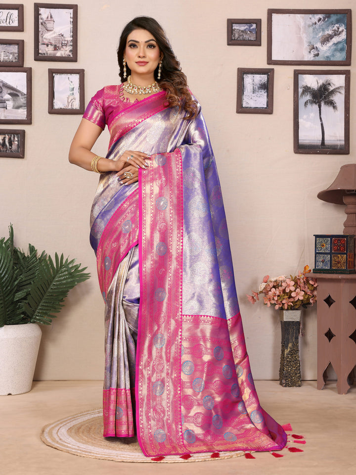 Purple Sonali Banarasi Silk Saree With Contrast Paithani Woven Borders & Pallu