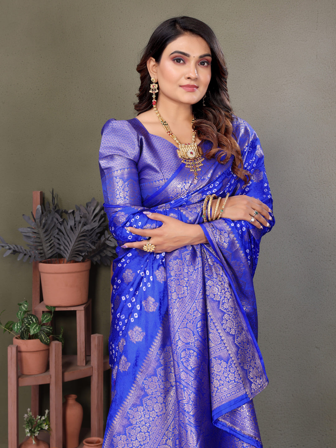 Blue Shakuntala Bandhej Silk Saree With Zari Weaving Butta & Zari Rich Pallu With Beautiful Design & Broad Border