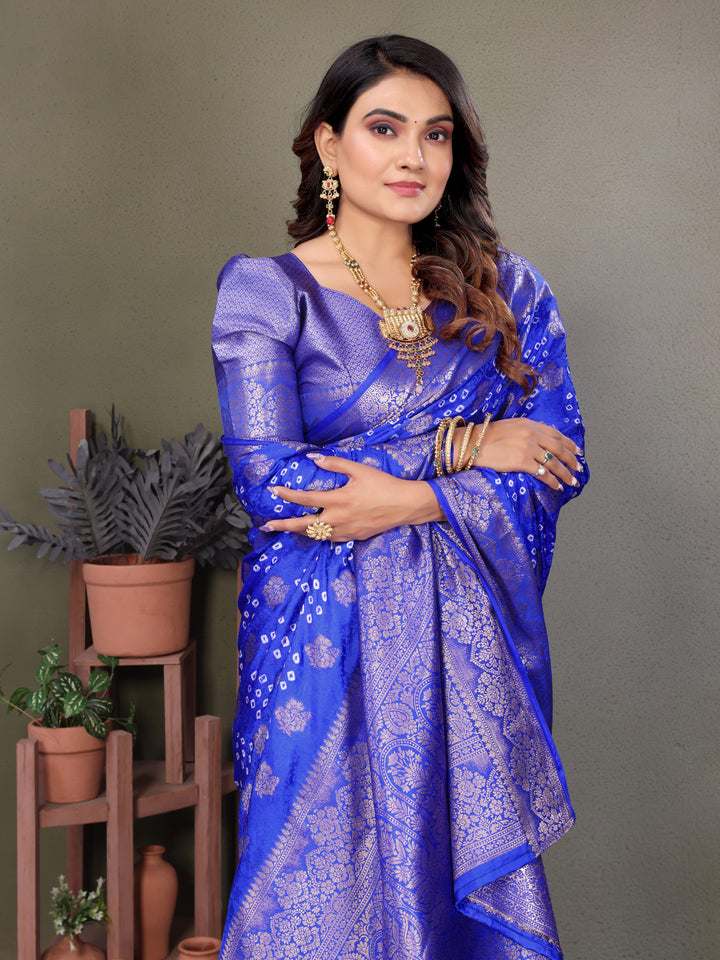 Blue Shakuntala Bandhej Silk Saree With Zari Weaving Butta & Zari Rich Pallu With Beautiful Design & Broad Border