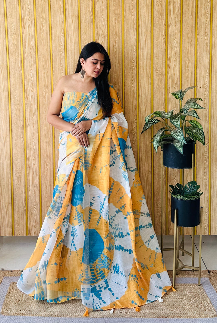 White Aarya-2 Soft Linen Cotton Digital Print Sarees With Batik Print With Silver Border