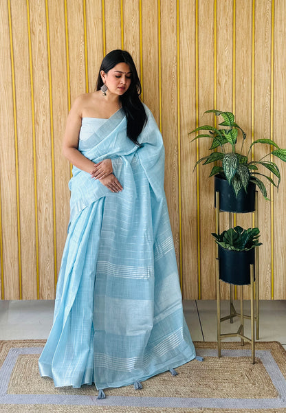 Sky Blue Sidhdhi Linen Soft And Smooth Sarees With Linning Weaving All Over Saree