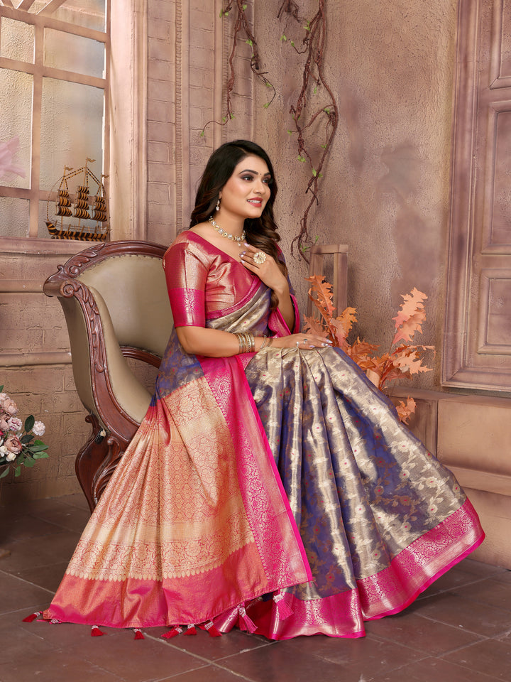 Blue Vanita Tissue Silk Saree Zari Designs and Contrast Zari Borders & Rich Pallu