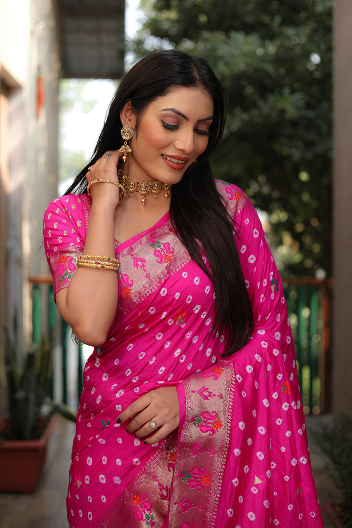 Pink Yogeshwari Dola Soft Silk Bandhej Saree With Jari Border & Weaving Paithani Style Rich Pallu