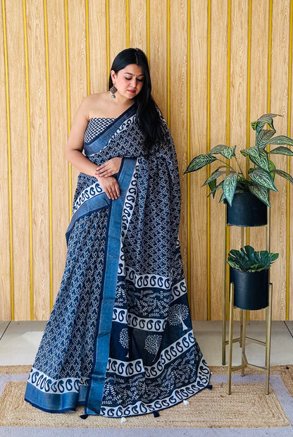 Navy Blue Aarya-1 Soft Linen Cotton Digital Print Sarees With Batik Print With Silver Border