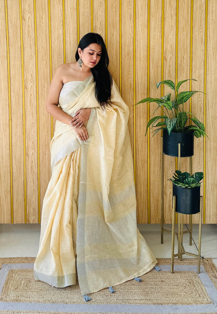 Yellow Griva Linen Cotton Saree With Silver Jari Border And Silver Border Blouse