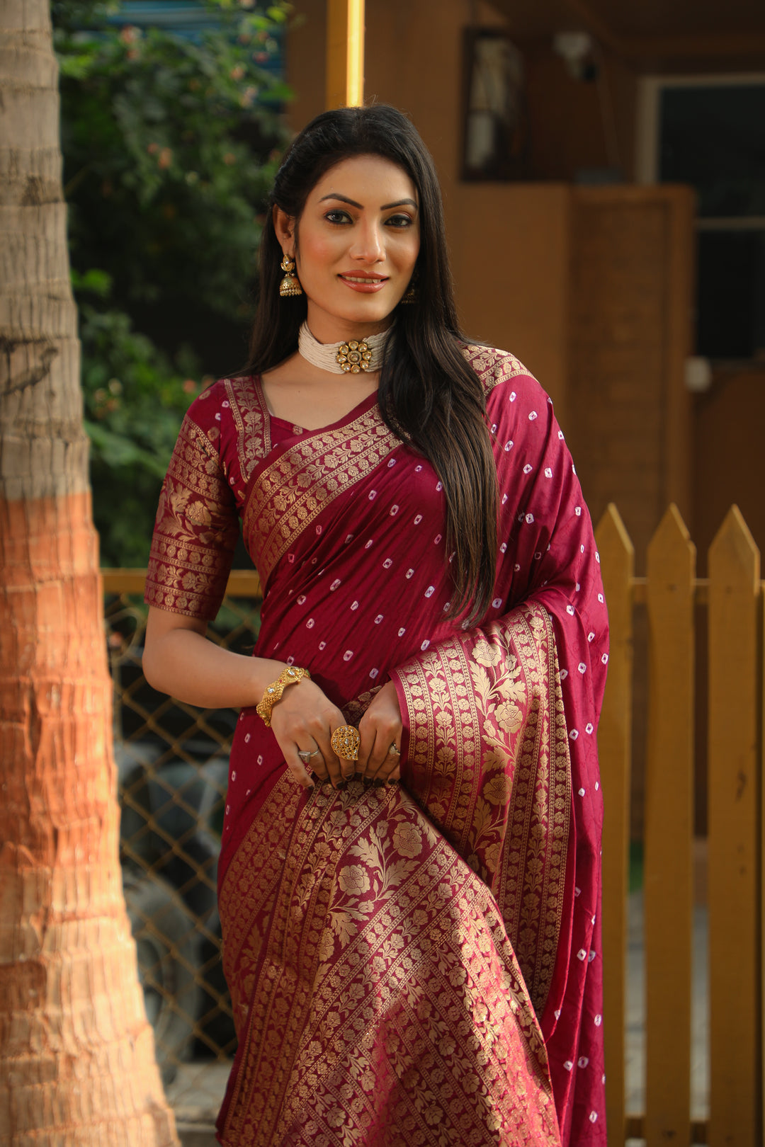 Wine Toral Bandhej Kanjivaram Silk Saree Kanjivaram Border With Zari Weaving Rich Pallu