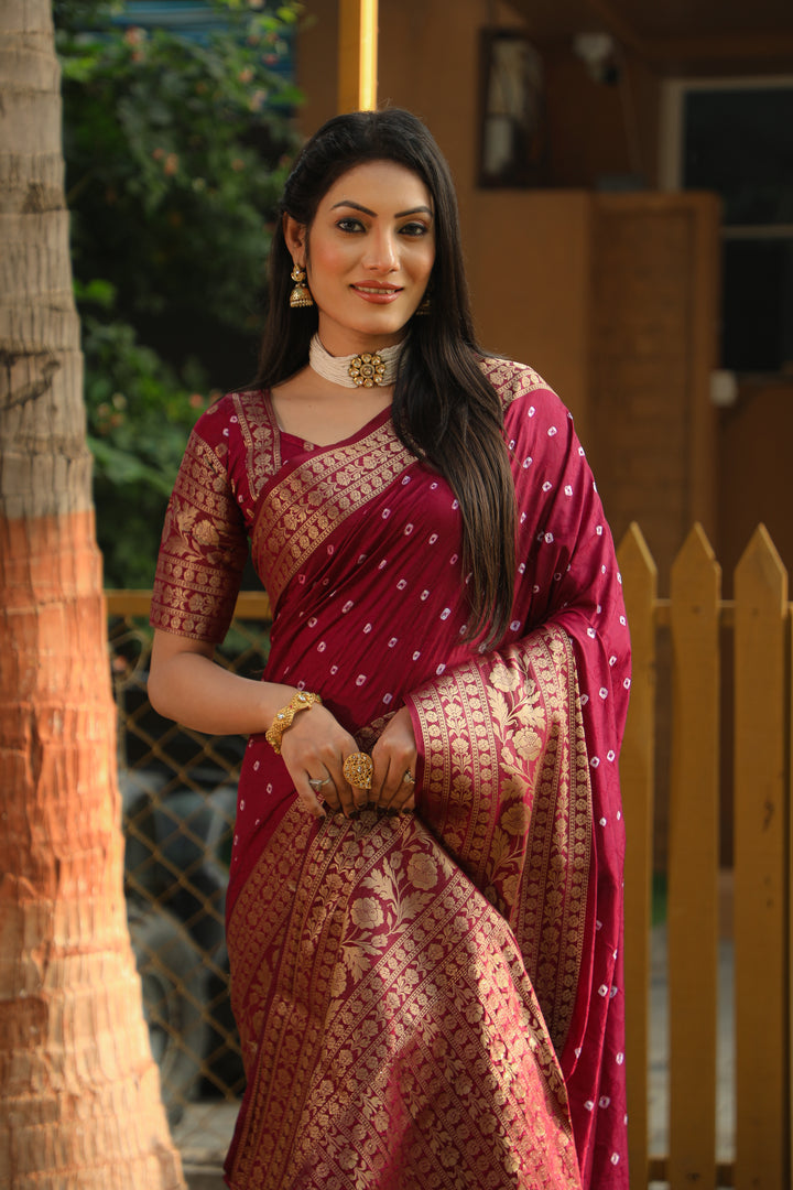 Wine Toral Bandhej Kanjivaram Silk Saree Kanjivaram Border With Zari Weaving Rich Pallu