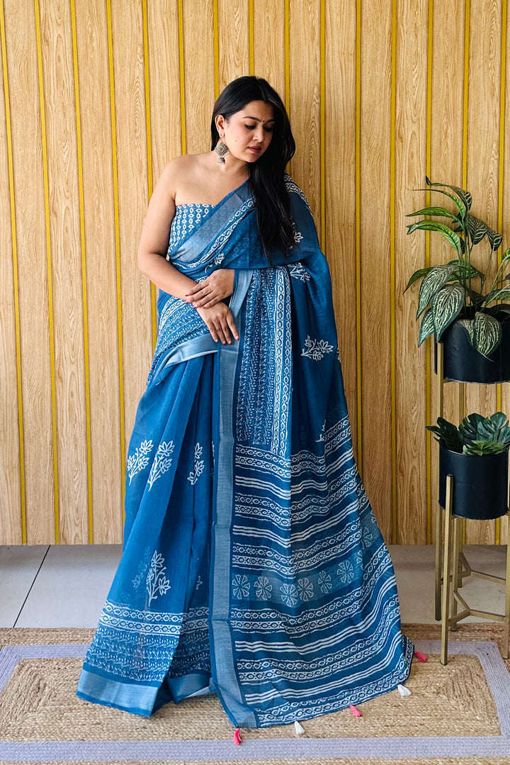 Navy Blue Sampurna Soft Linen Cotton Digital Print Saree With Batik Print With Silver Border