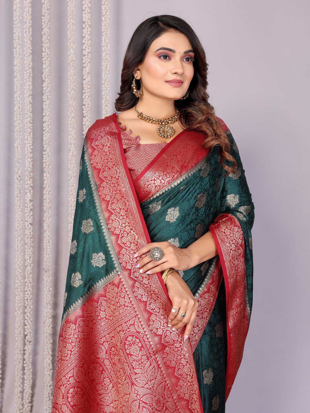 Green Sandhya Satin Silk Sarees With Butta Designs & Contrast Zari Woven Borders