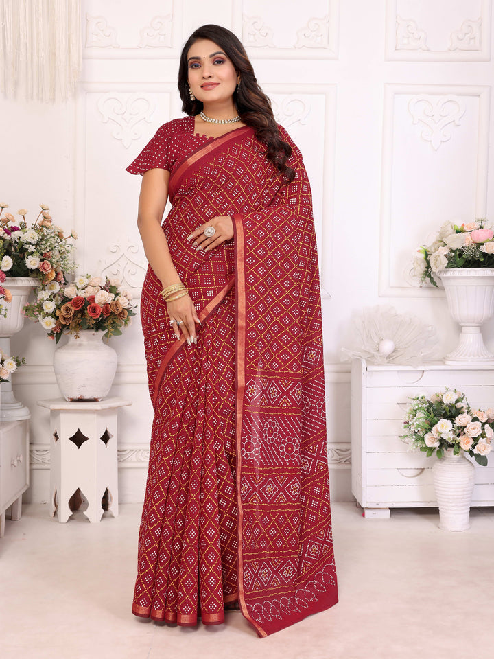 Red Amba Pure Patola And Bandhej Pattern Soft Cotton Light Weight Saree