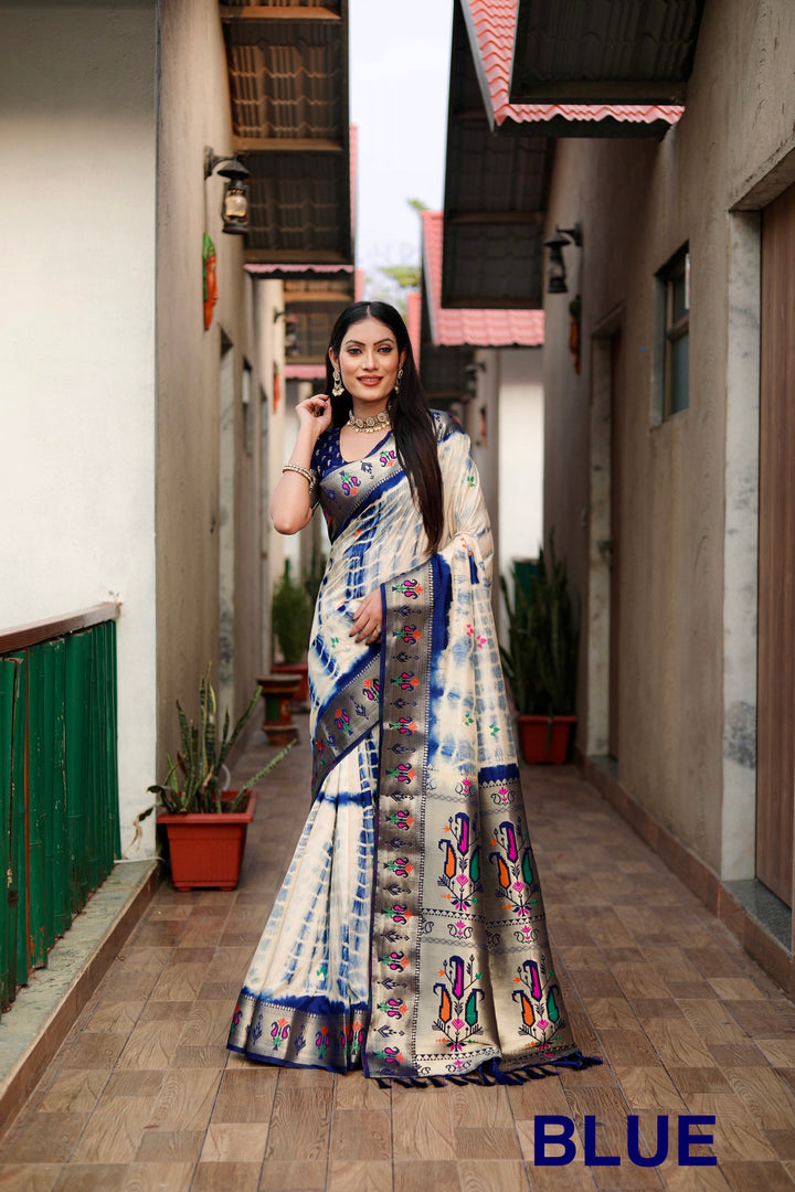 Blue Poonam Sibori Print Paithani Silk Sarees With Gold Zari Paithani Border & Contrast Rich Pallu