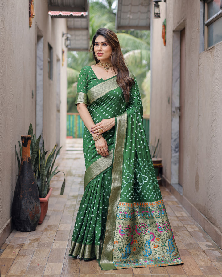 Green Yashomati Dola Soft Silk Bandhej Sarees With Awesome Two Sides Jari Border &  Paithani Style Rich Pallu