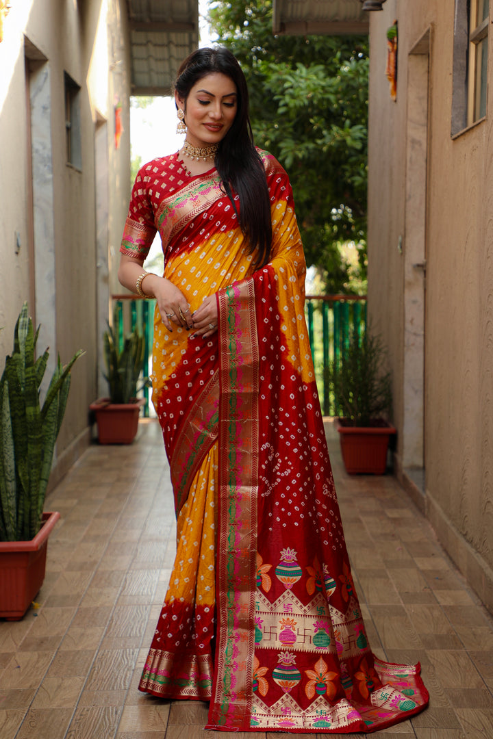 Orange Swastik Pure Bandhej Silk Saree With Minakari Border Kalash & Swastik Design Rich Pallu Saree