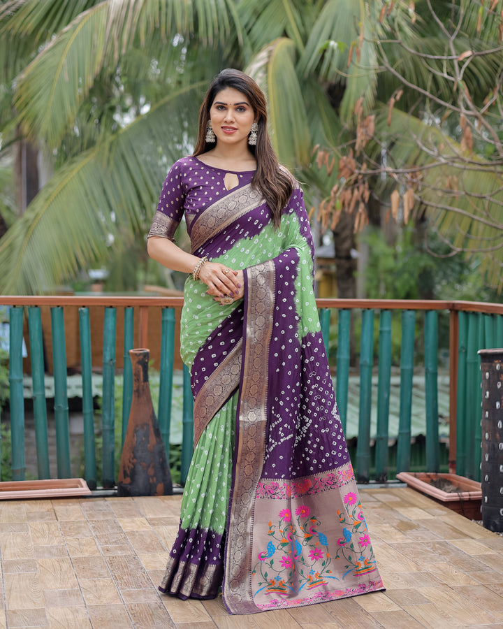 Green Devika Dola Soft Silk Bandhej Sarees Jari Paithani Weaving Border & Weaving Paithani Style Rich Pallu