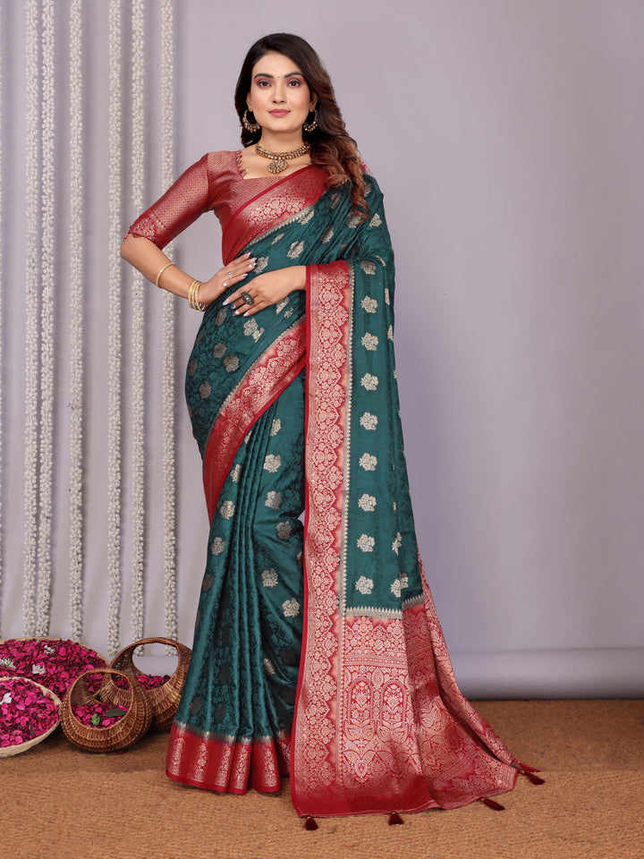 Green Sandhya Satin Silk Sarees With Butta Designs & Contrast Zari Woven Borders