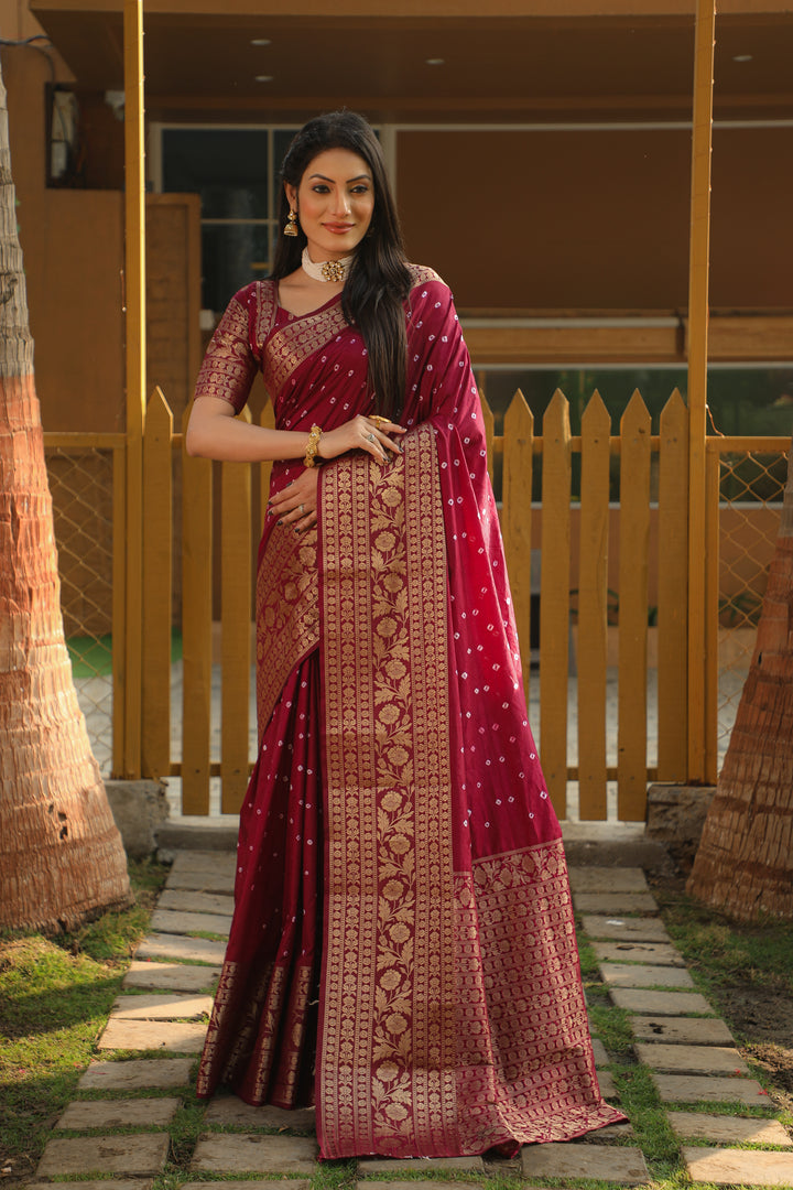 Wine Toral Bandhej Kanjivaram Silk Saree Kanjivaram Border With Zari Weaving Rich Pallu