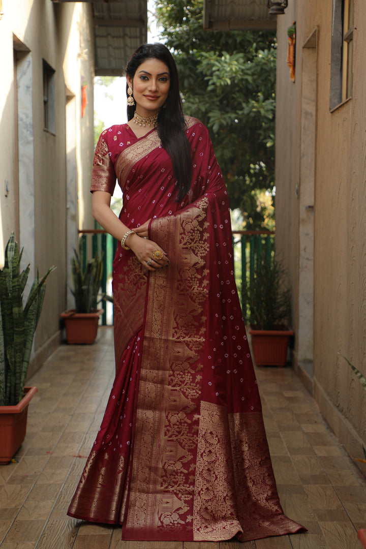 Wine Suvarna-3 Bandhej Kanjivaram silk saree And Kanjivaram Border with Zari Weaving Rich Pallu