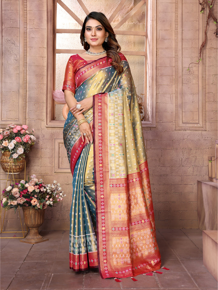 Rama-Green Tarveni Banarasi Tissue Silk (Patola weaving) Saree With Contrast Patola Woven Borders & Pallu