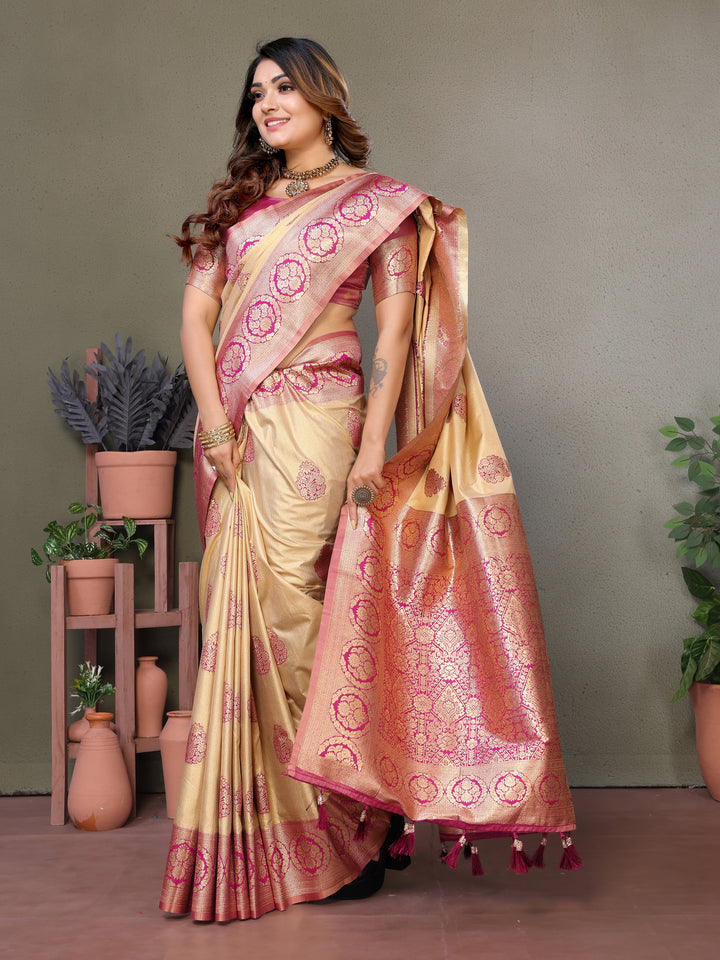 Pink Jugani Viscose Silky Sarees And weaving Butties with contrast border, Rich pallu