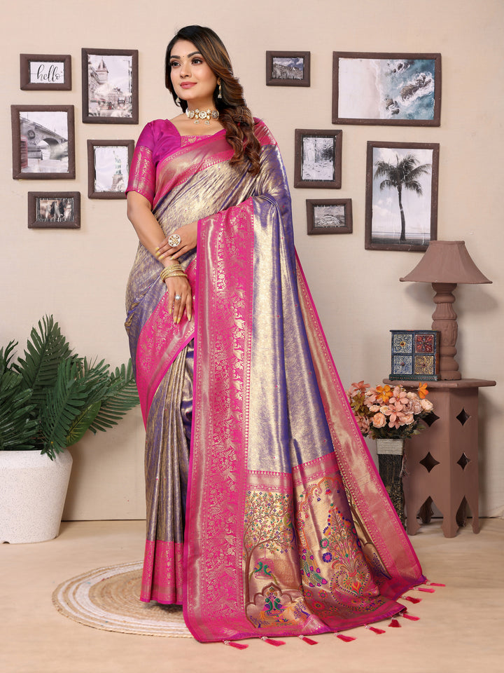 Blue Vantara Banarasi Tissue Silk Saree With Contrast Paithani Woven Borders & Pallu