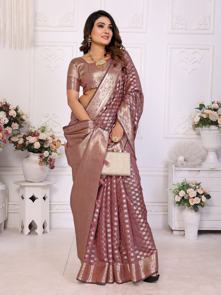 Brown Aruni Soft Organza Silk Banarasi Saree With Unique Butta With Unique Colours